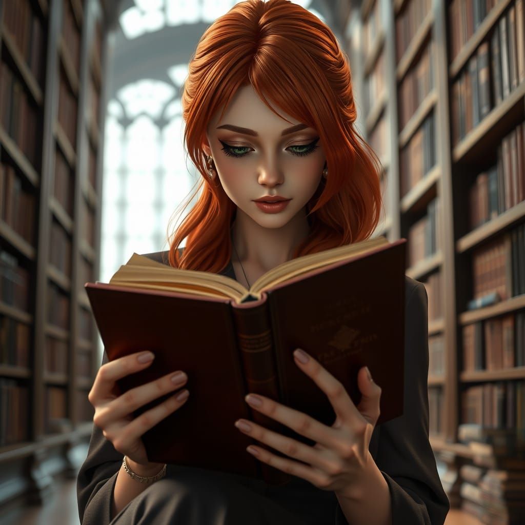 Serene Redhead in Elegant Library Attire