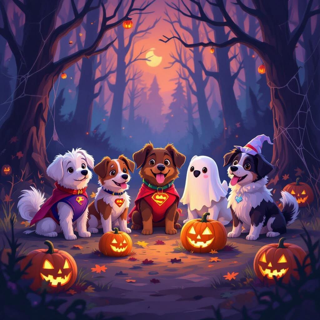 Dogs in Spooky Halloween Costumes in Forest