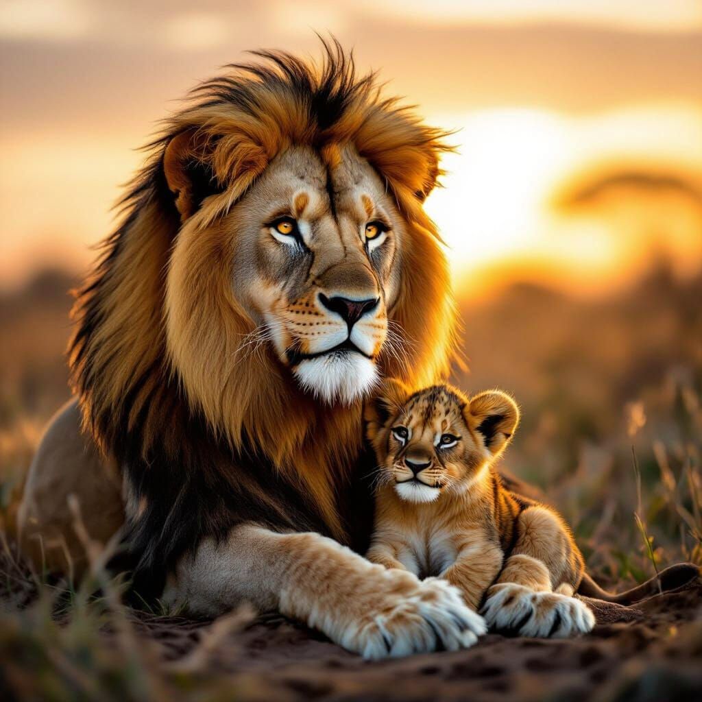 Majestic Lion Protects Cub in Golden Hour Wildlife Photo