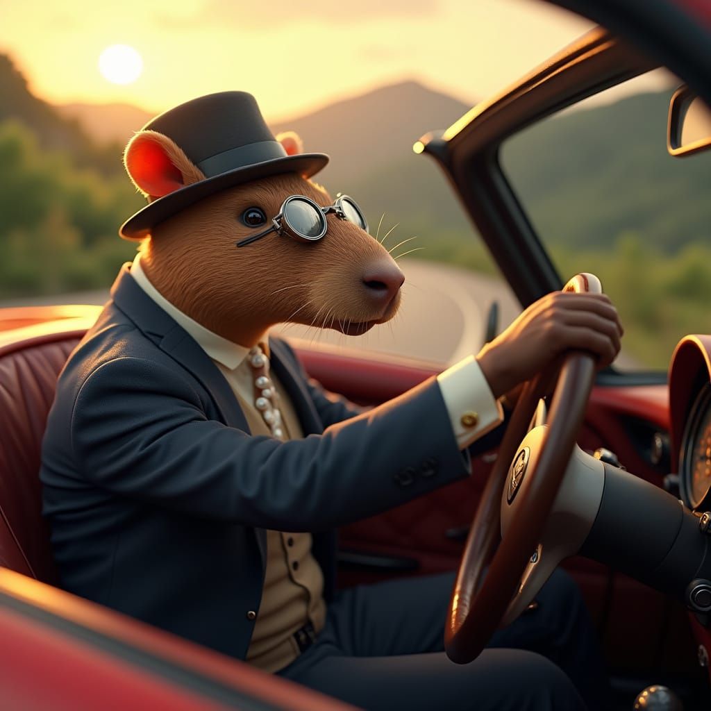 Debonair Capybara Cruises Mazda Miata Through Golden Hour