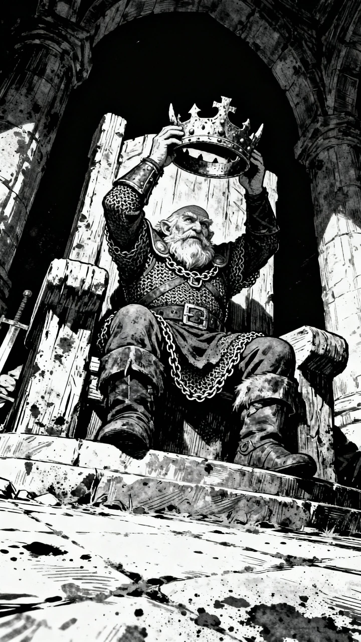OSR Style Dwarf King on Colossal Throne in Chiaroscuro