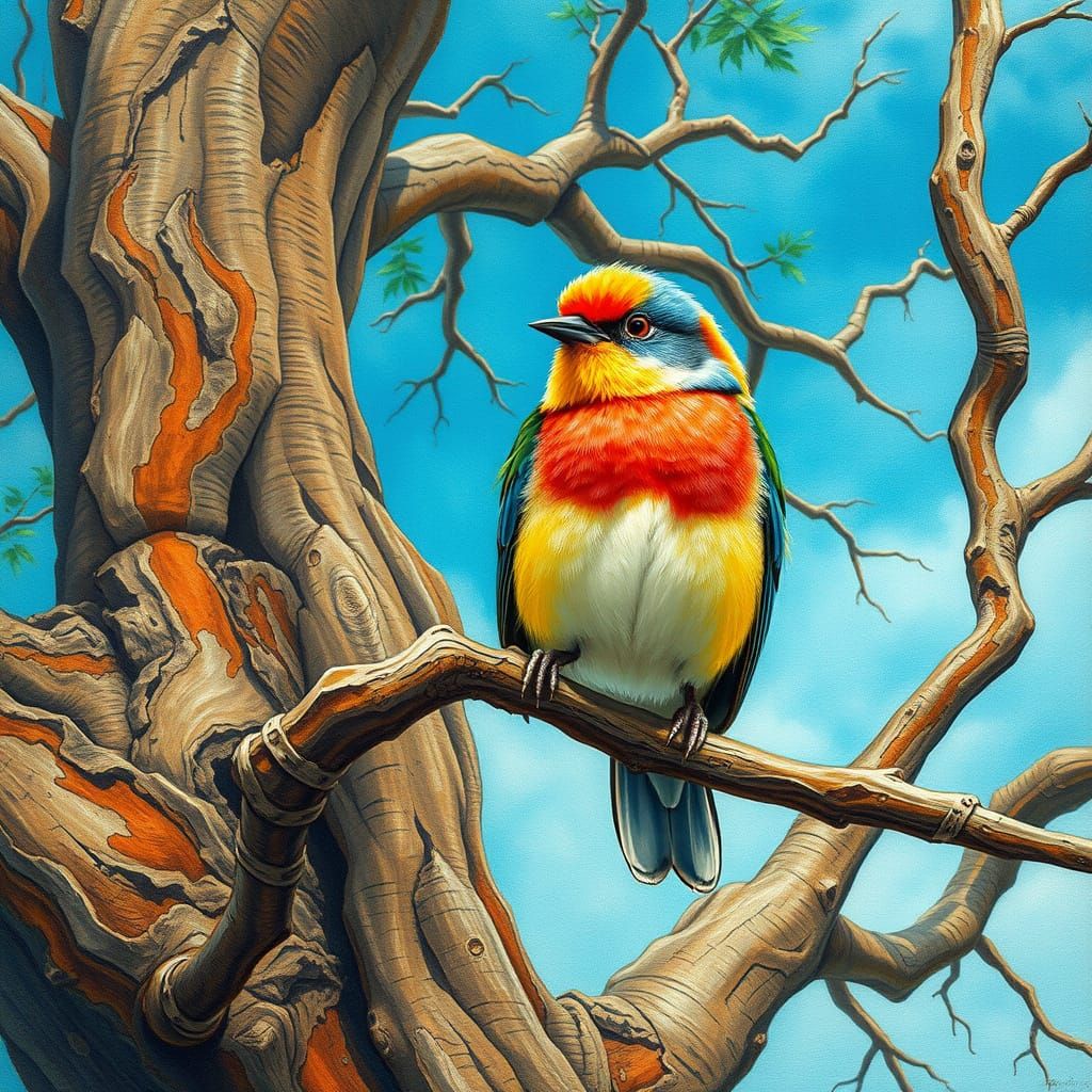 Vibrant Bird perched on Ancient Tree in Whimsical, Impressio...