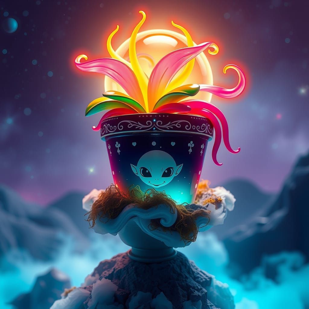 Surreal Space Flower Blooms with Tentacles in Cosmic Landsca...