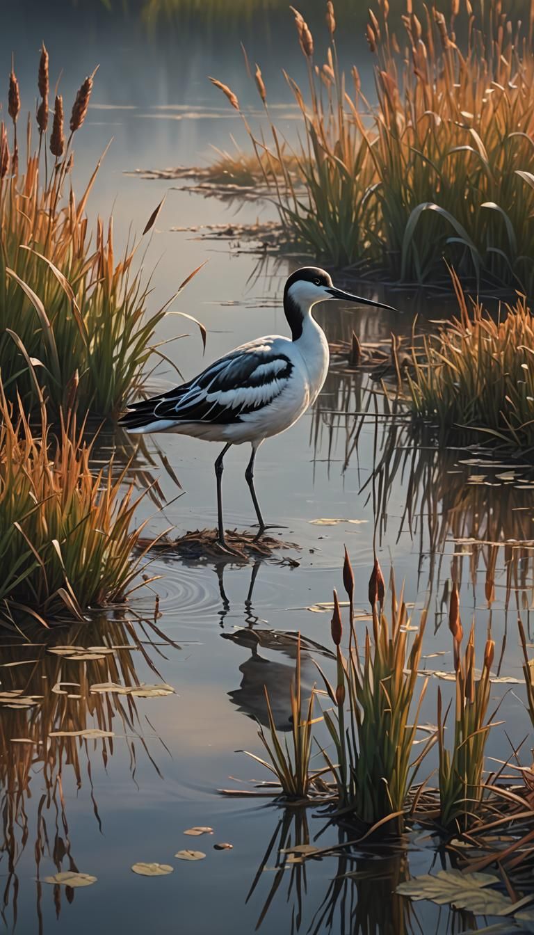 Avocet Wading on Lake Shore: Digital Matte Painting