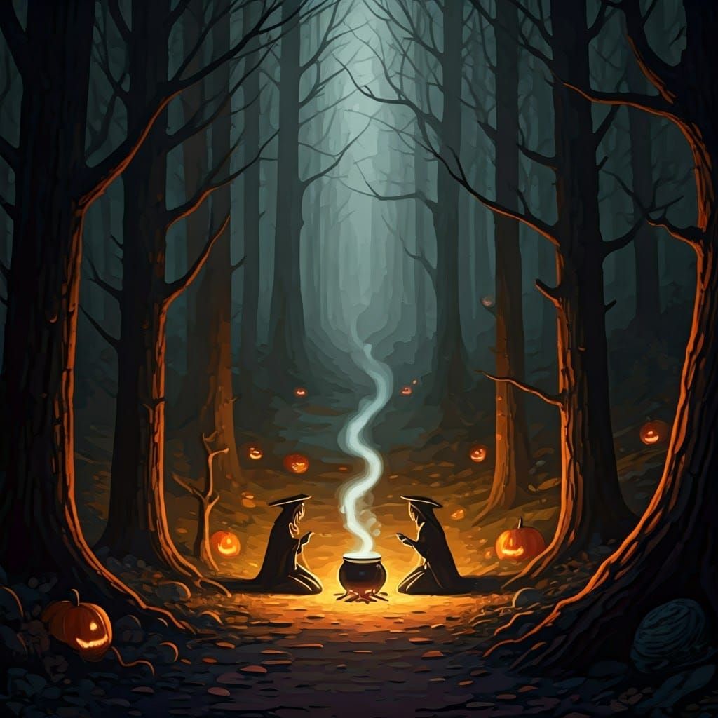 Mystical Witches Coven in Eerie Forest, Digital Art