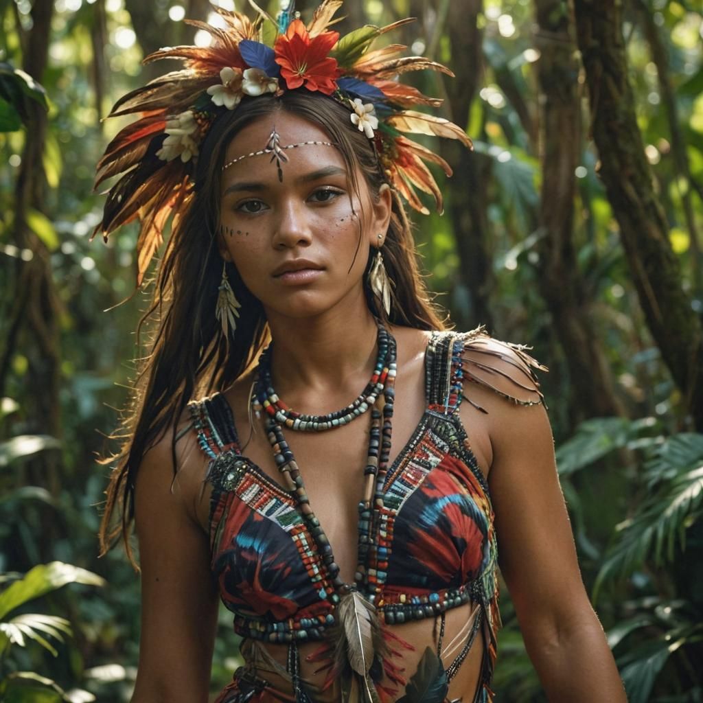 Striking Native Woman in Floral Dress: Hyperrealism