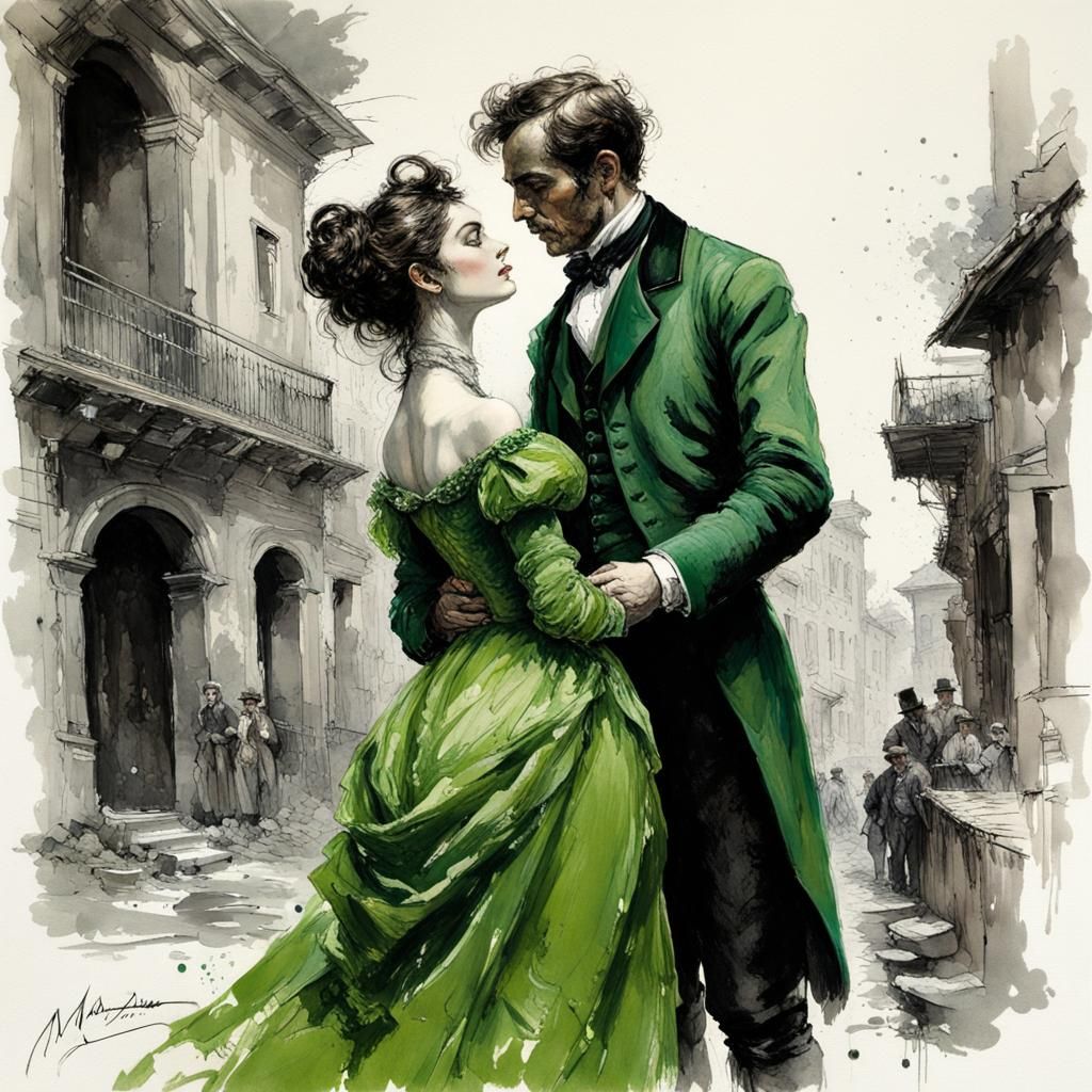 Victorian Couple in Green: Ink Splash Art