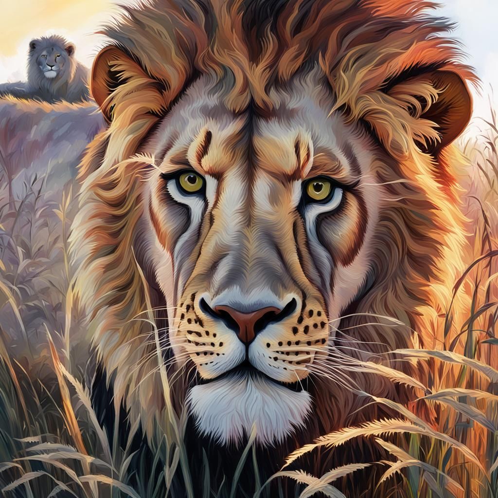 Lion Leaping Through Grass in Impressionist Style