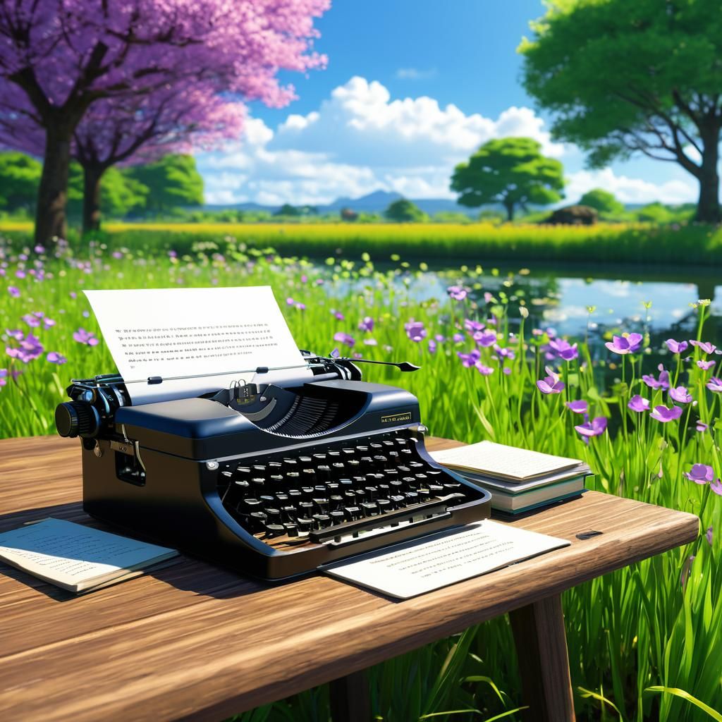 Anime Typewriter Scene with Violet Flowers
