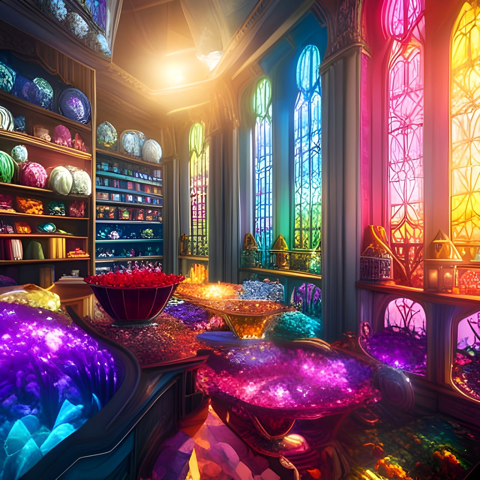 Colorful Crystals Gleam in Sunlight, Fantasy Concept Art