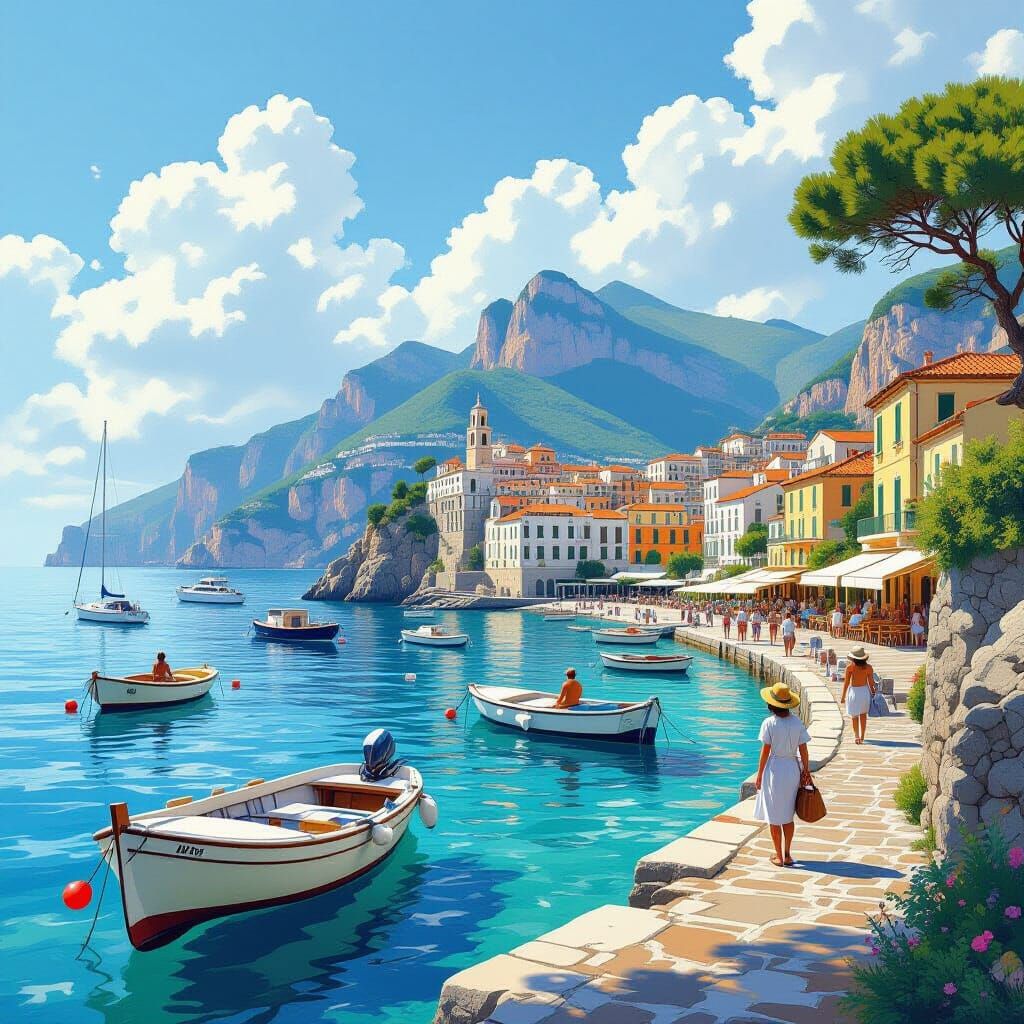 Mediterranean Coast Seascape with Capri, Realistic Style