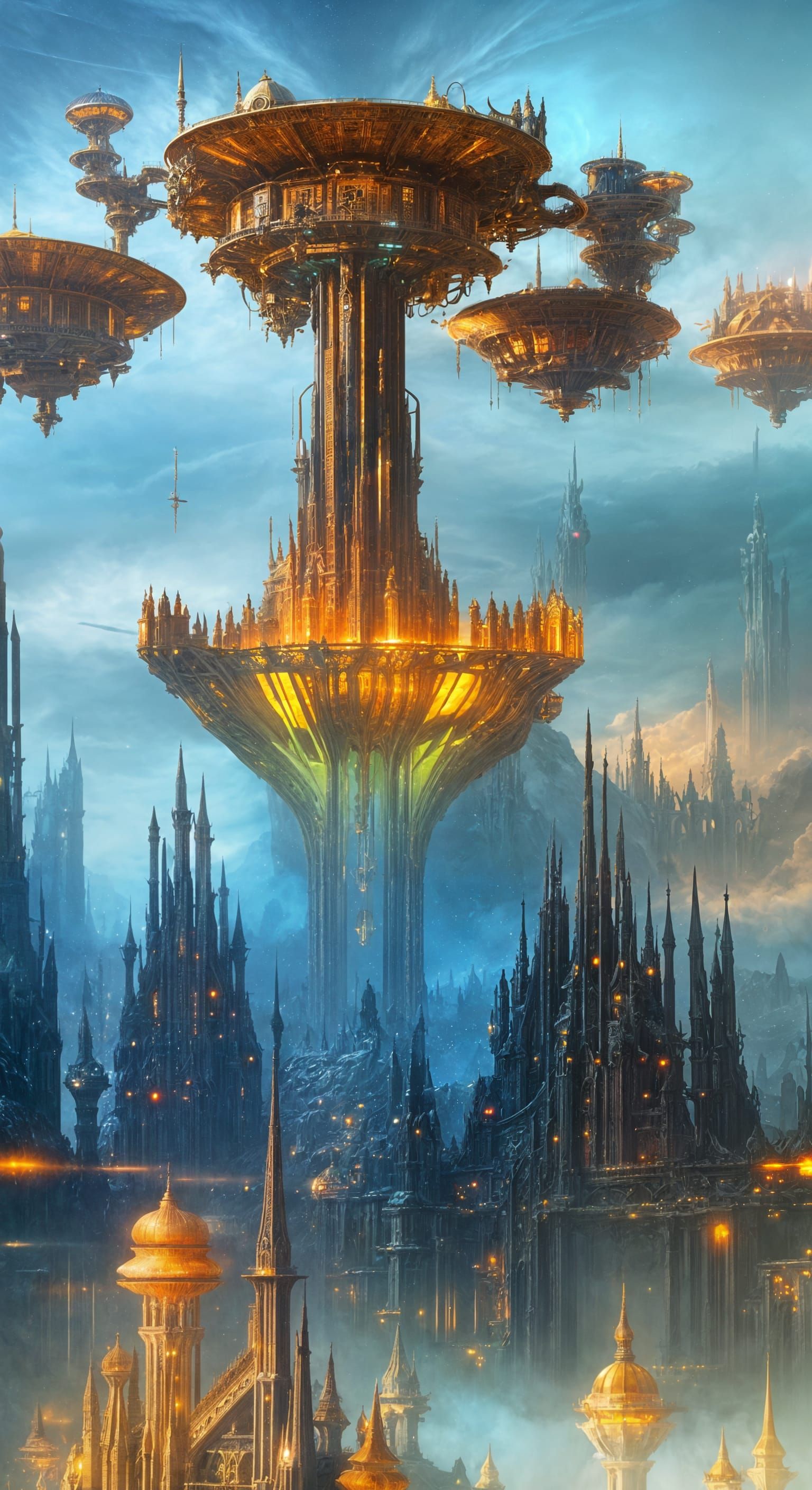 Alien City Mirrored in Lake: Sci-Fi Landscape