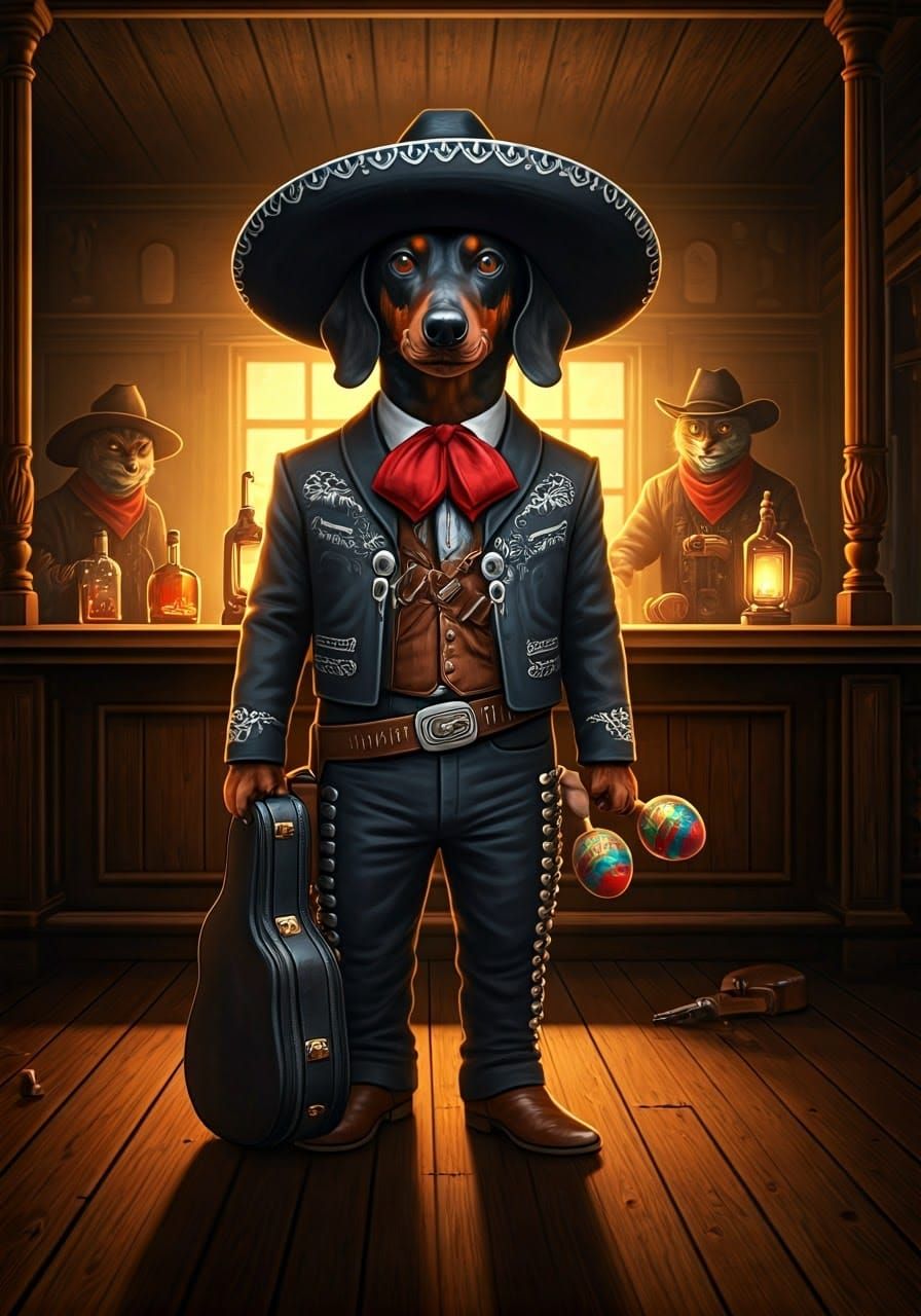 Dachshund Gunslinger in Western Saloon Standoff