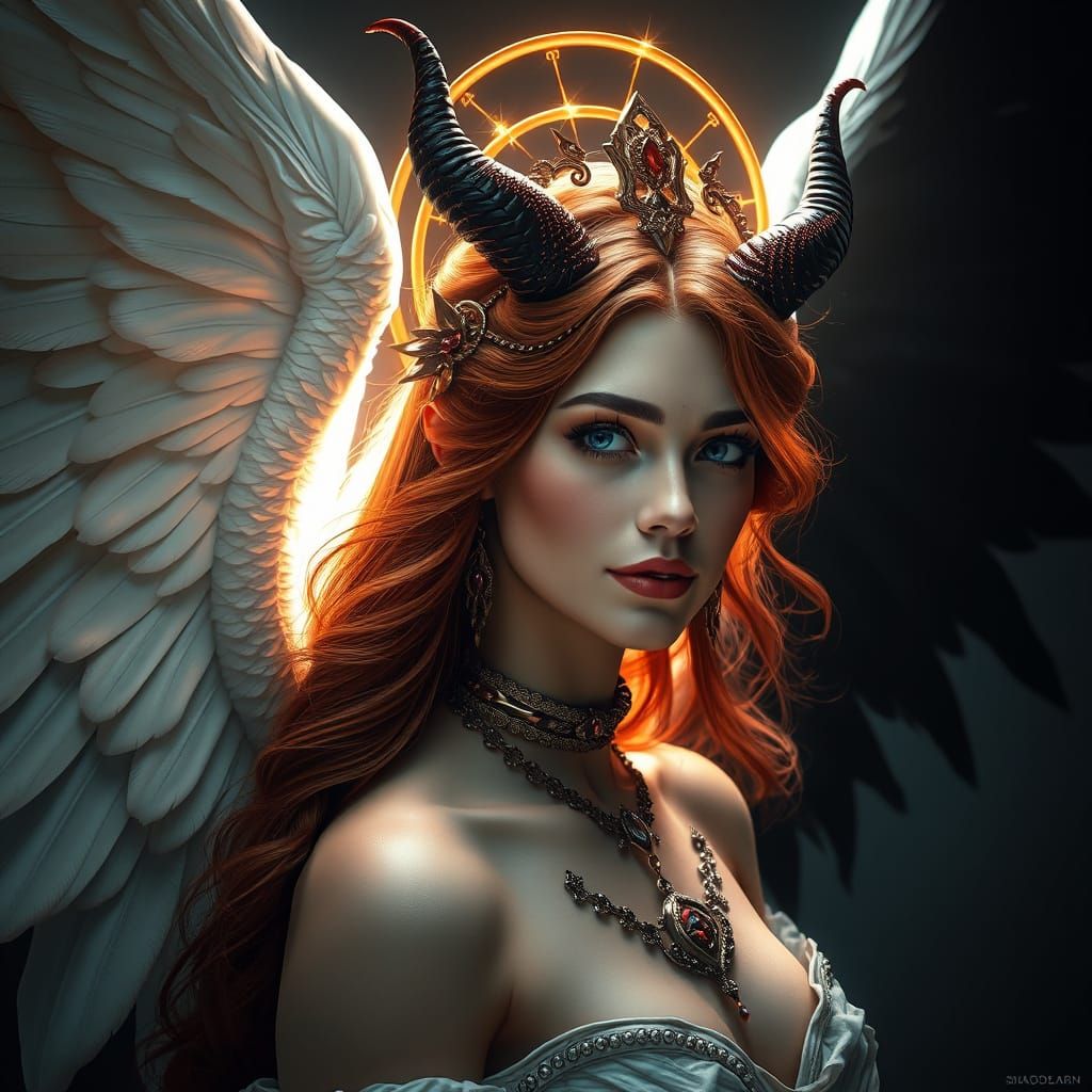 Divine Goddess with Dualistic Wings in Ethereal Beauty