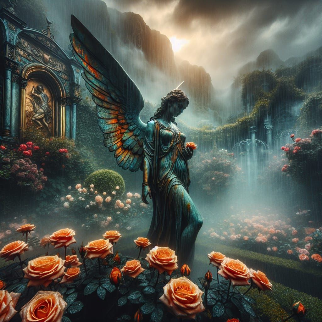 Victorian Garden with Angel of Death Statue