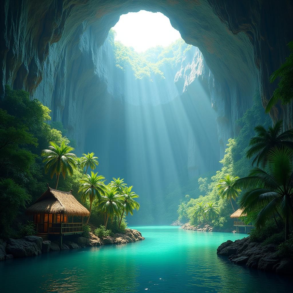 Iridescent Tropical Cavern with River and Light