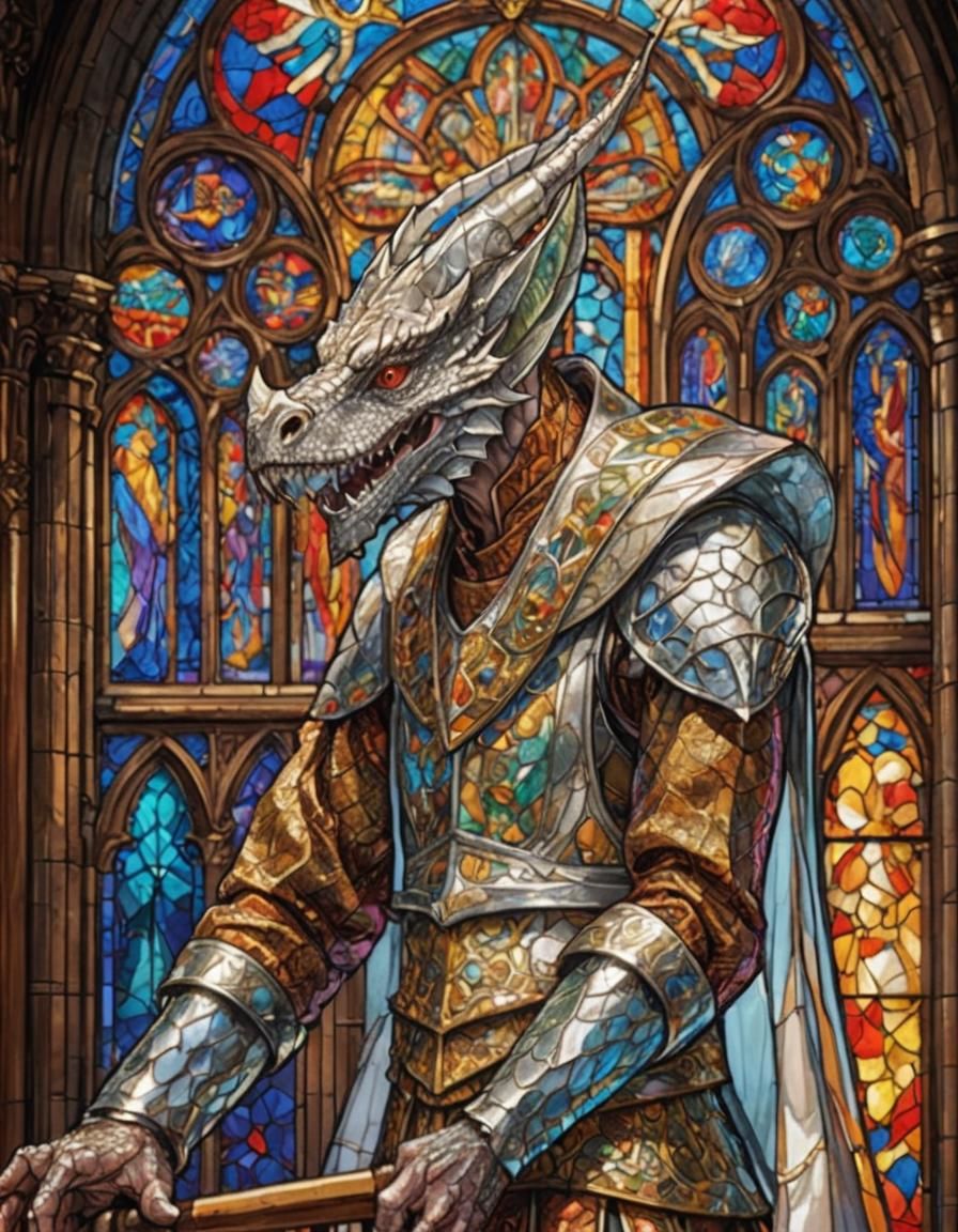 Dragon Priest in Temple with Stained Glass Windows