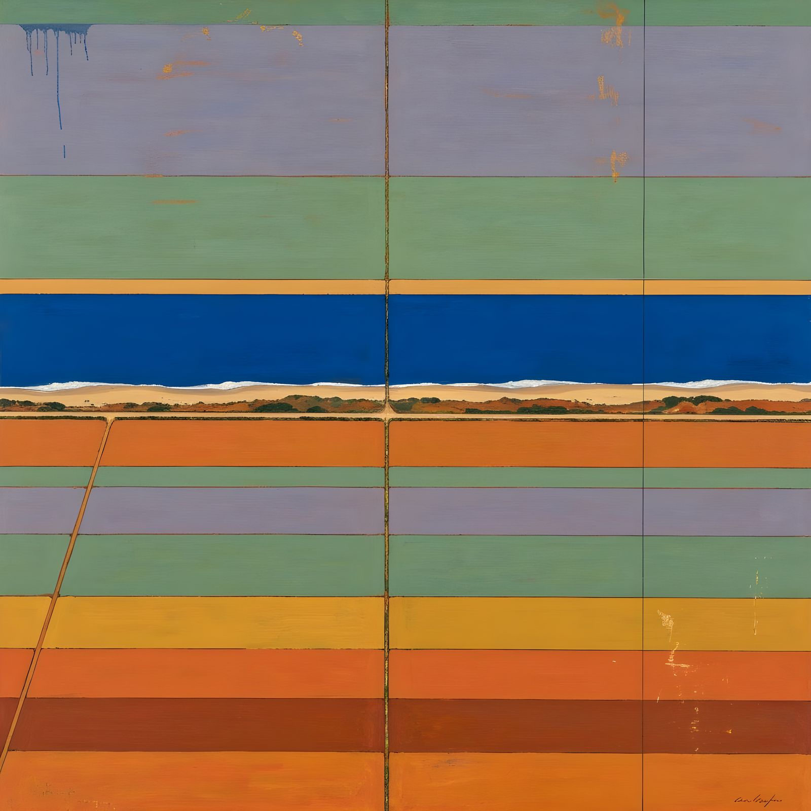 Geometric Coastal Farmland Landscape in Diebenkorn Style