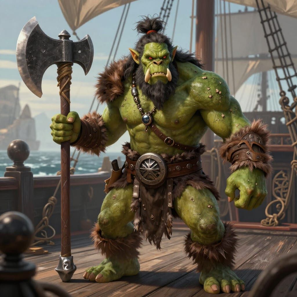 D&D Barbarian Orc with Giant Axe on Pirate Ship