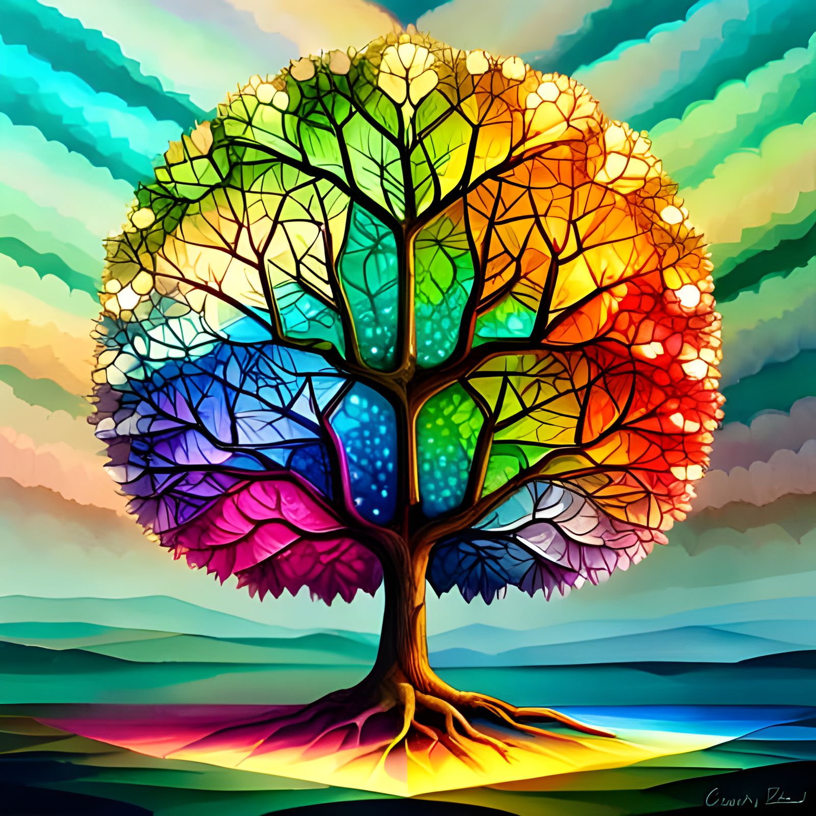 Iridescent Geometric Cherry Blossom Tree in Pastel Glass