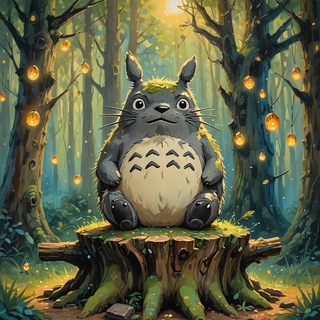 Totoro in Forest, Whimsical Oil Painting
