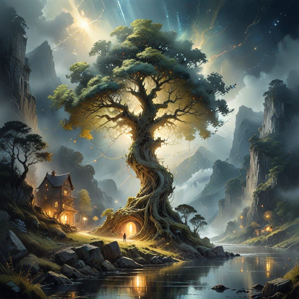 Colossal Spiral Tree in Misty Valley