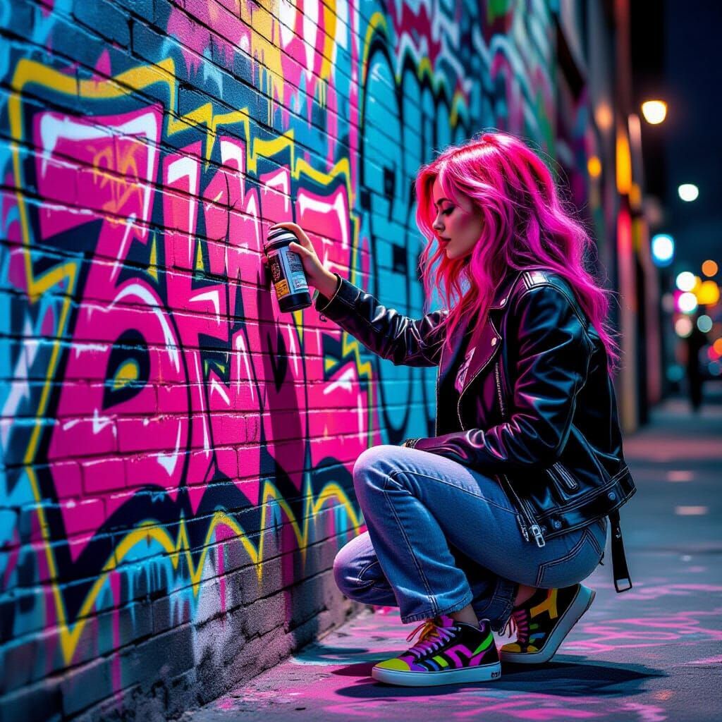 Woman Spray-Painting Mural Under Streetlights