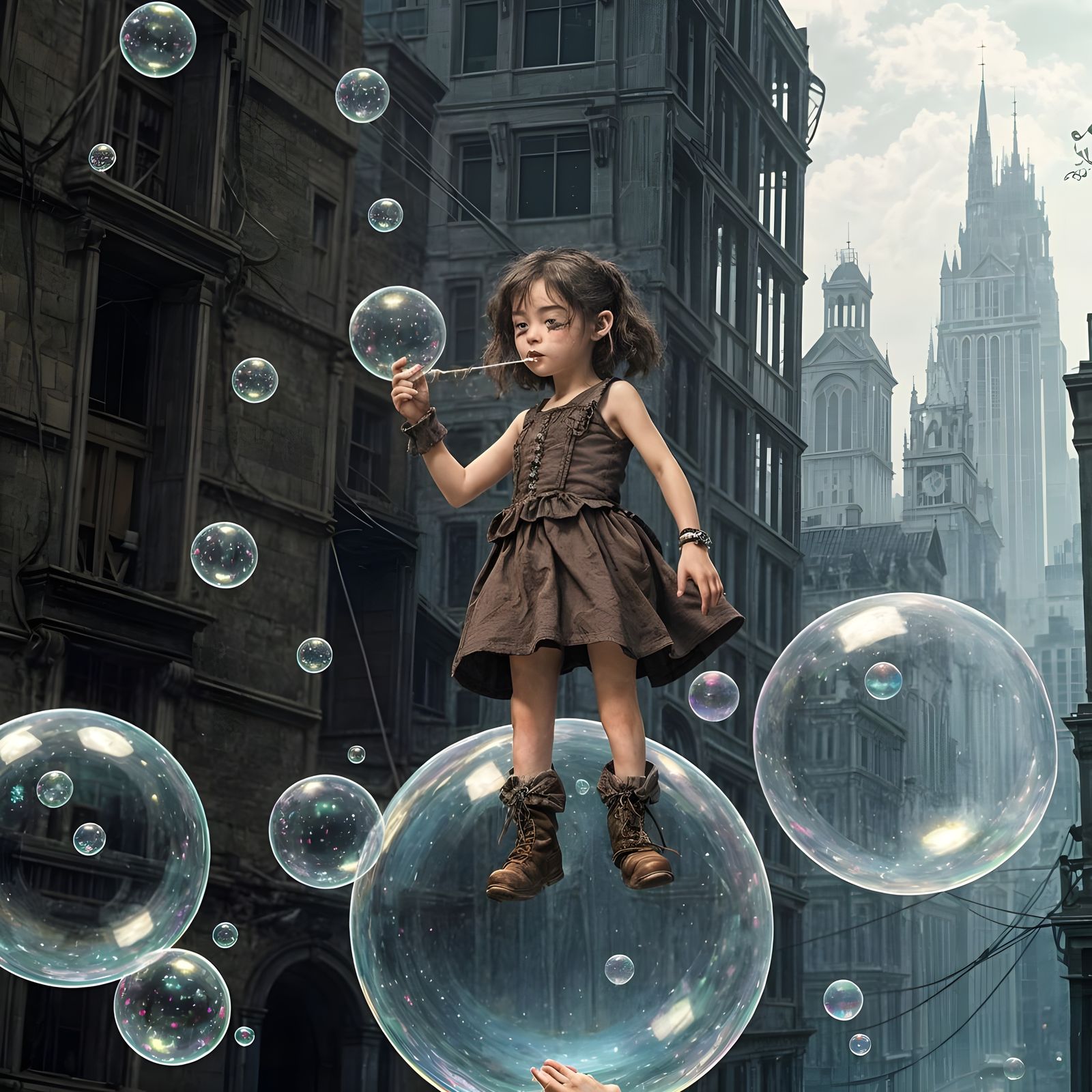 Girl Blowing Bubbles in Dystopian City, Frazetta Style
