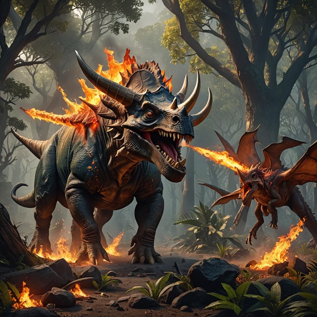 Triceratops Devouring Fire-Breathing Pterodactyl: Detailed M...