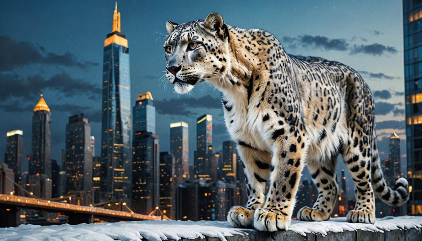 Snow Leopard with Robotic Eyes on Skyscraper