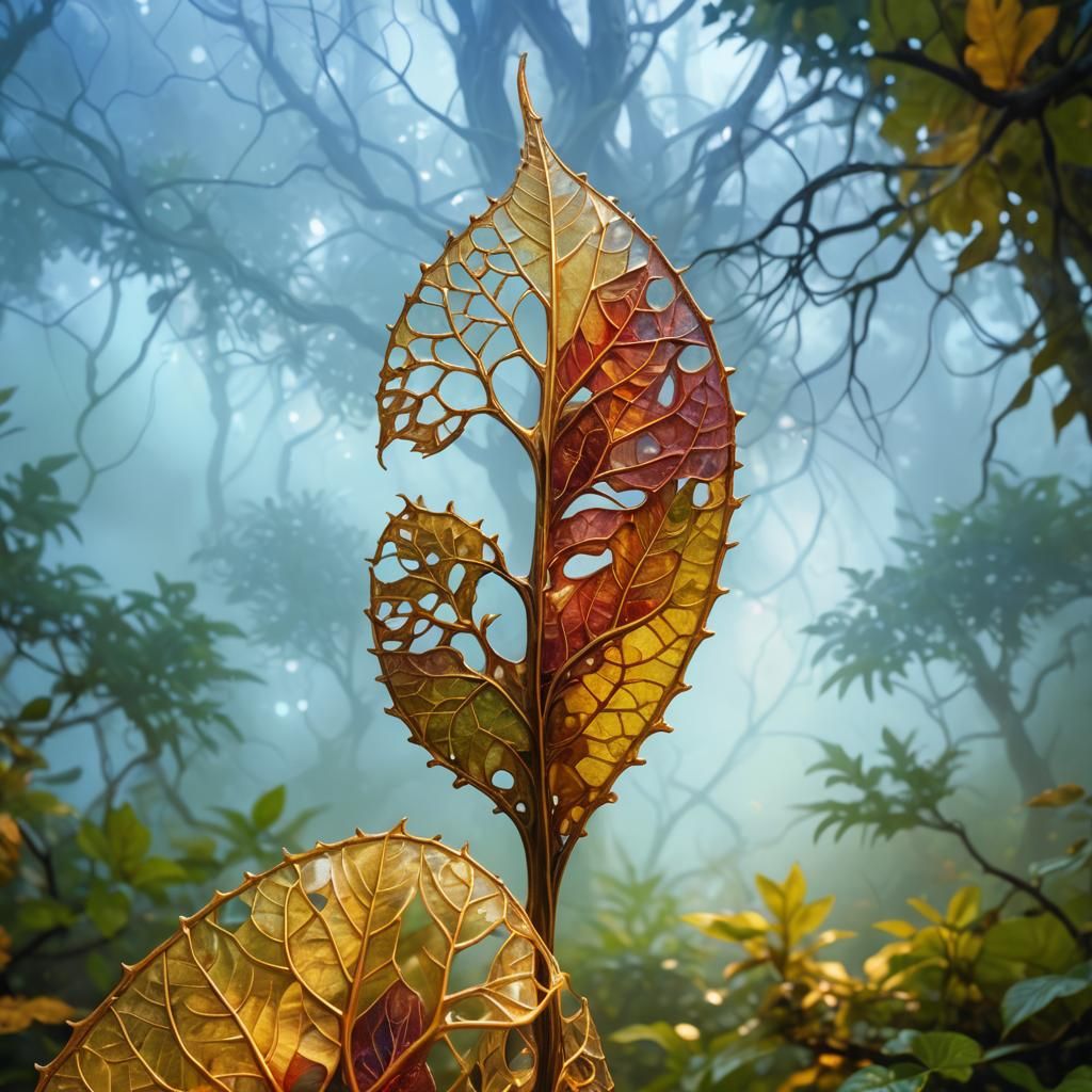 Leafy Figure in Mystical Forest: Surreal Oil Painting