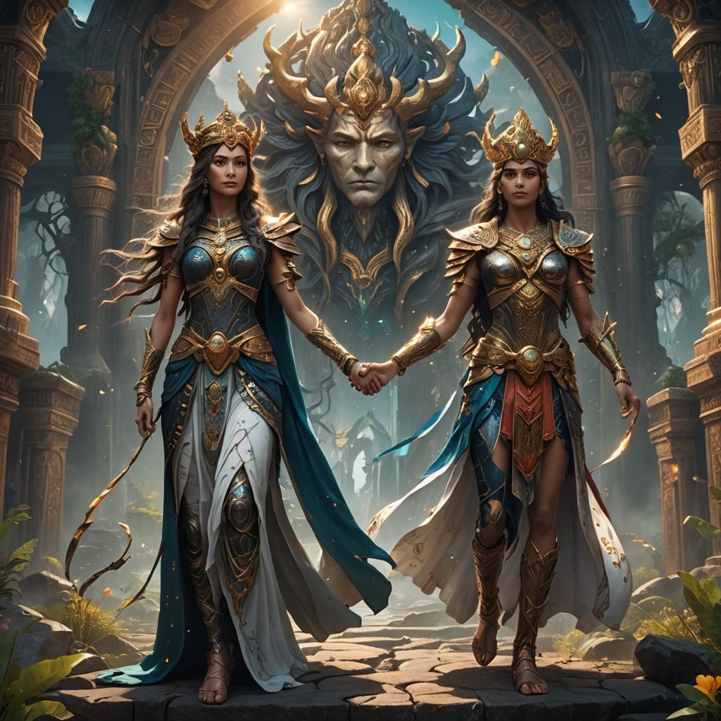 God and Goddess Holding Hands: Fantasy Concept Art