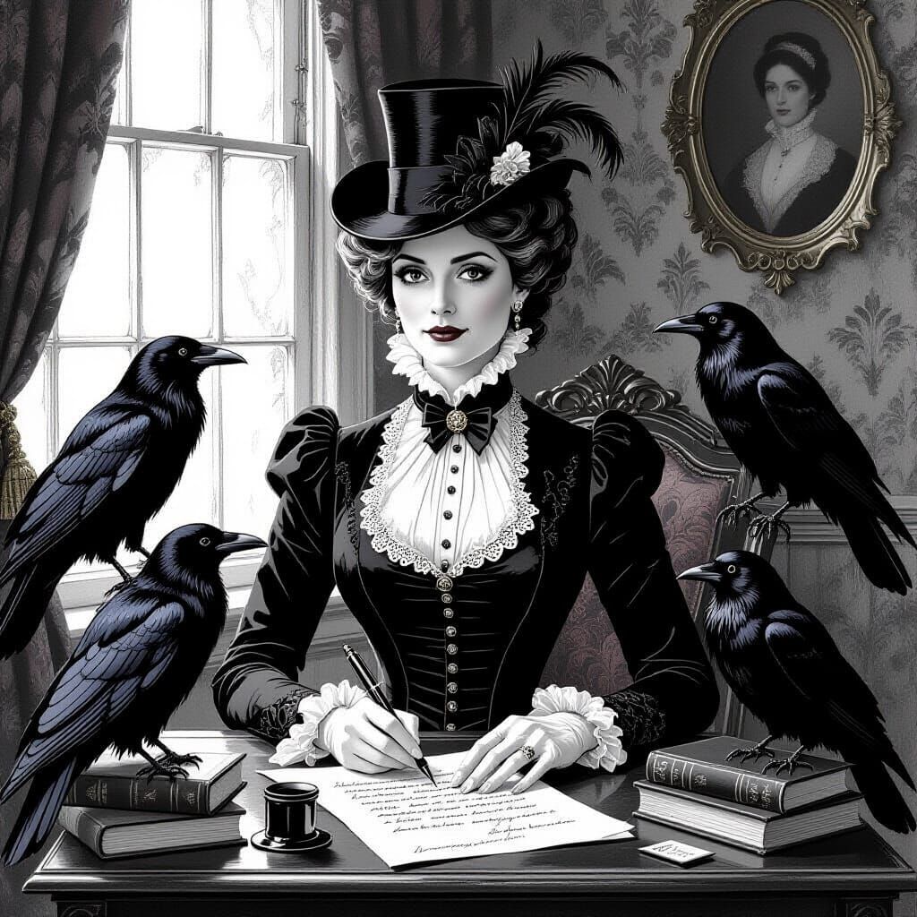 Regency Woman with Ravens in Gorey-esque Illustration