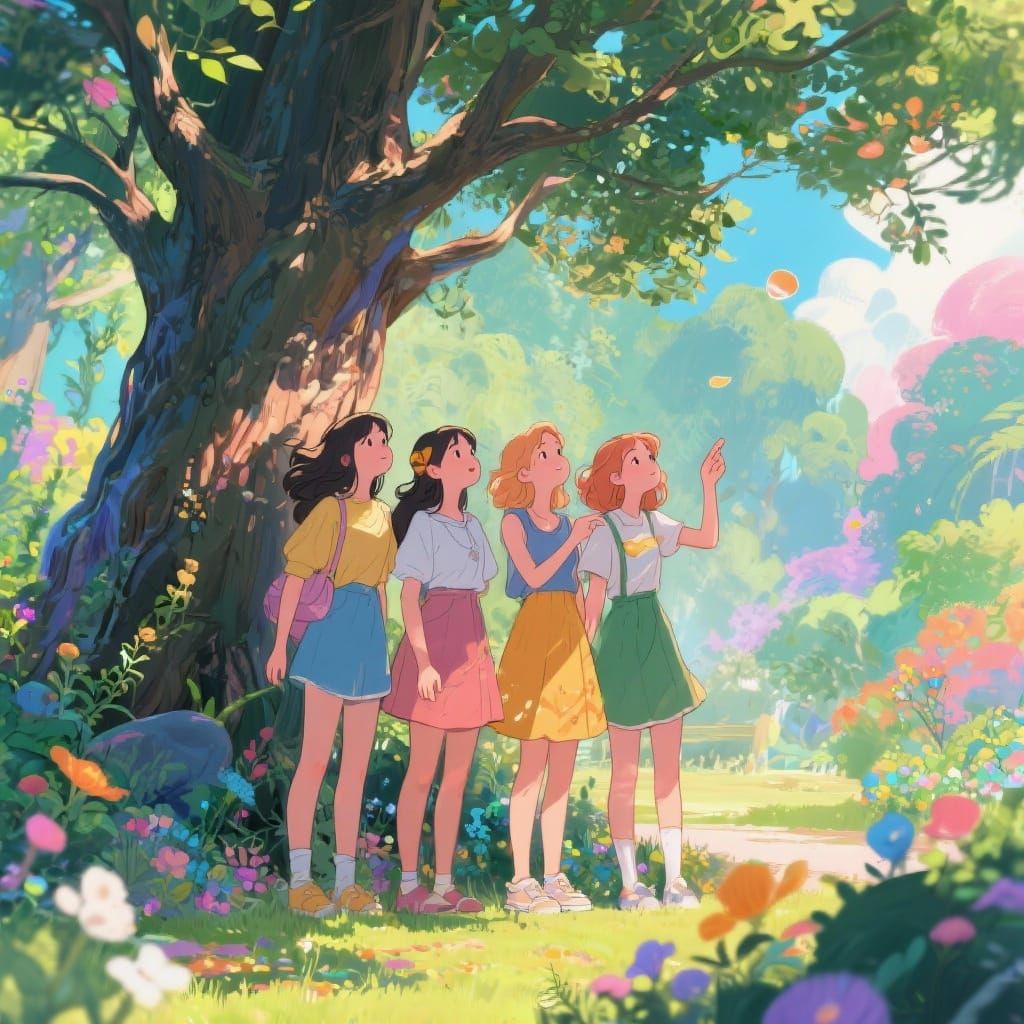 Women Admiring Nature in Whimsical Style