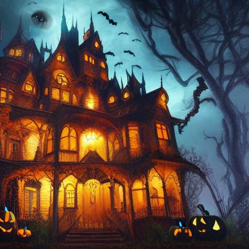 Detailed Halloween Haunted House Gouache Illustration