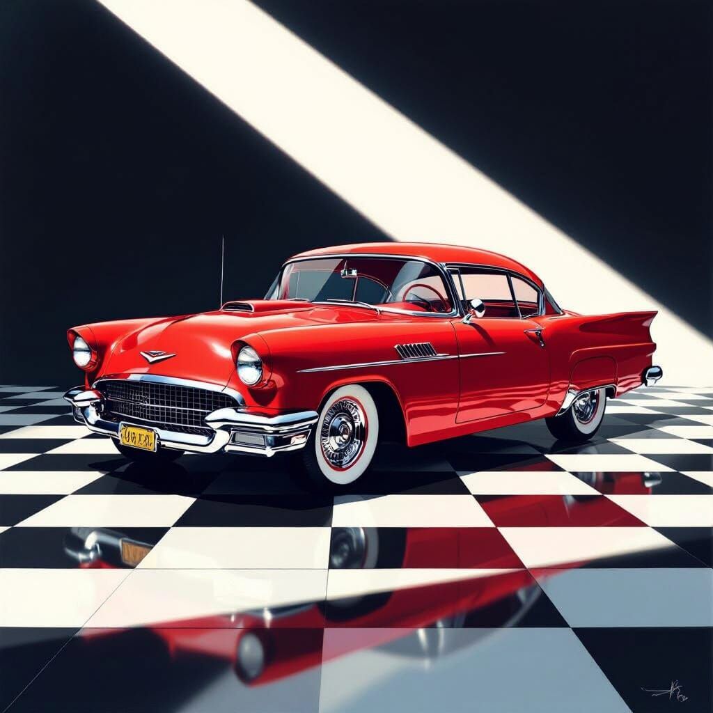 Vibrant Red 1950s Hotrod on Checkered Floor