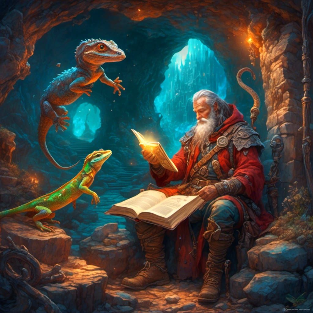 Merlin the wizard reading a book to a gecko in Merlin's crys...