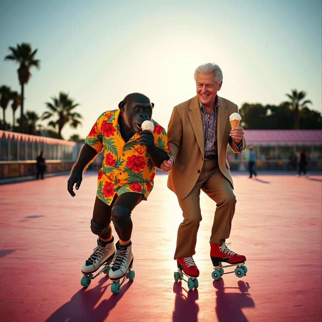Vintage Roller Skating Duo Enjoying Ice Cream Cones