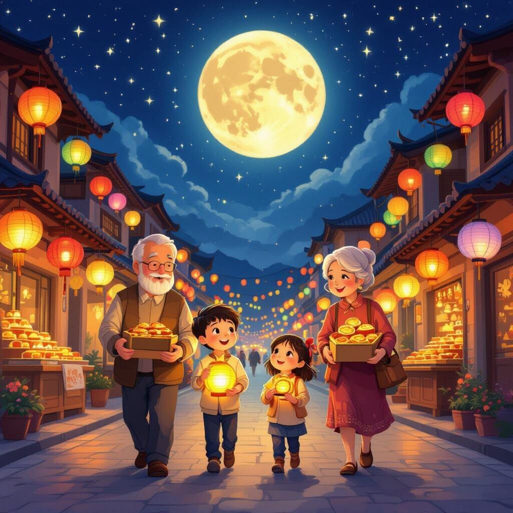 Family Enjoys Lantern Festival Under Starry Moonlit Sky