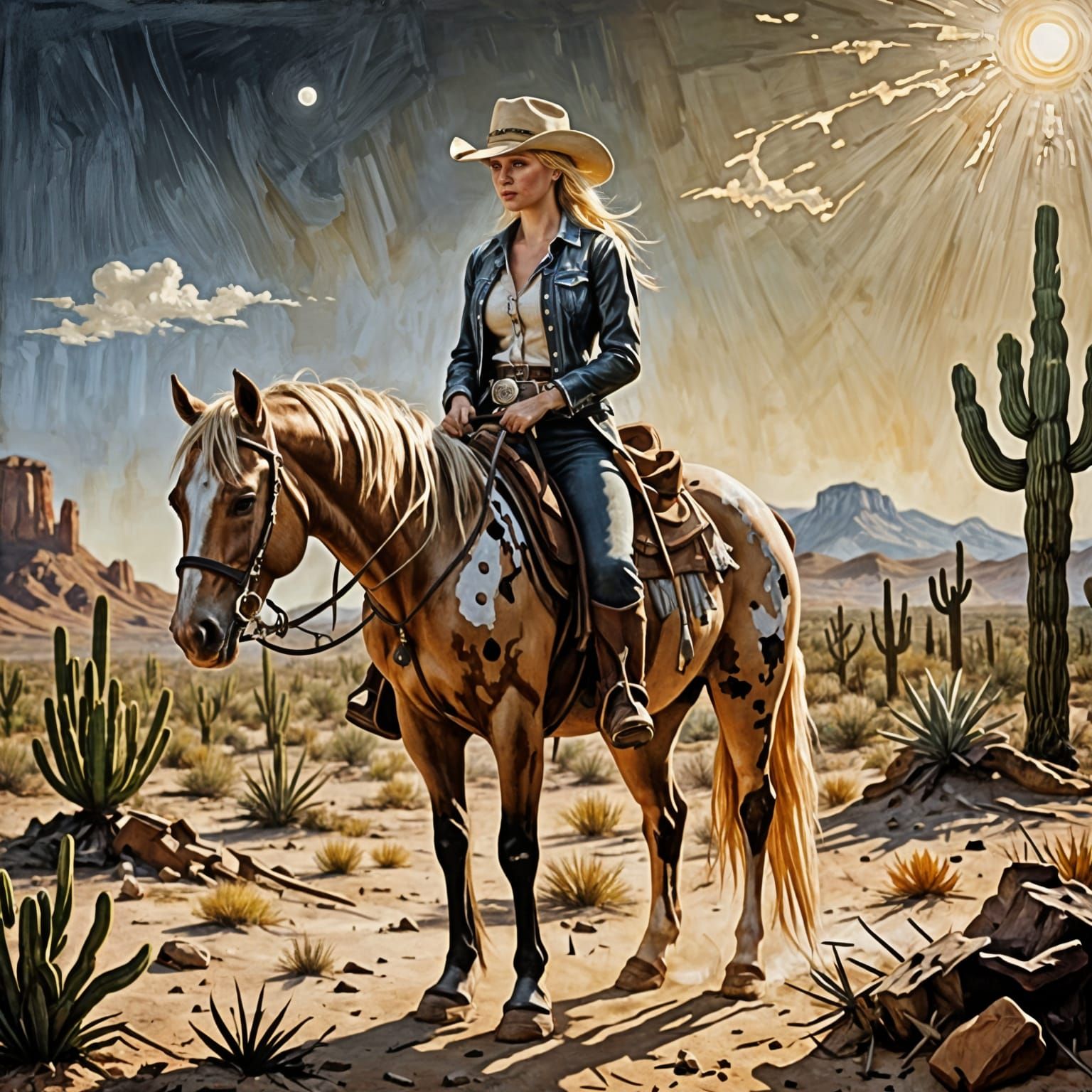 Tenebrism Oil Painting of a Dying Cowgirl in the Desert