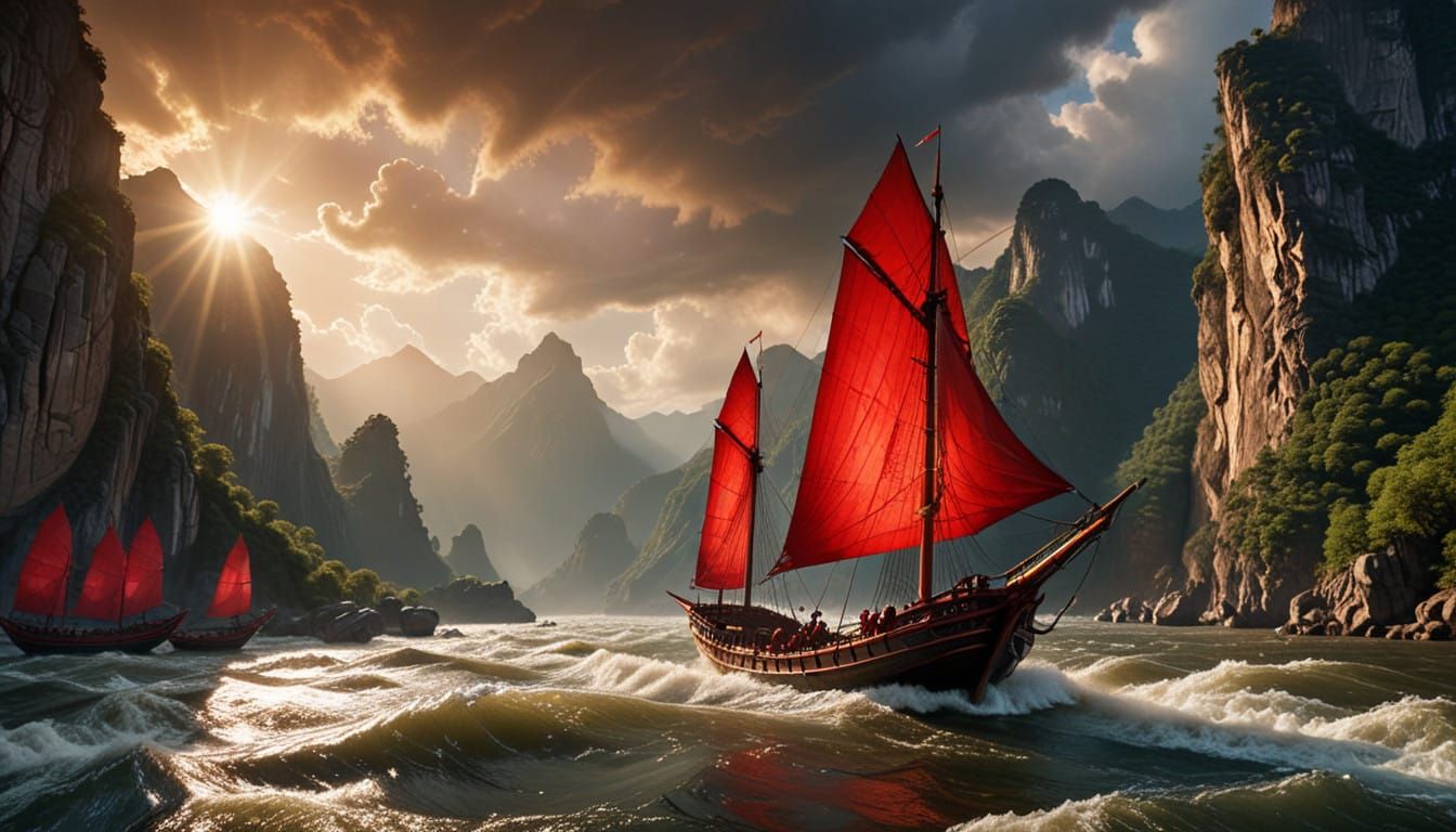 Traditional Chinese Sail Junk in Stormy River Valley