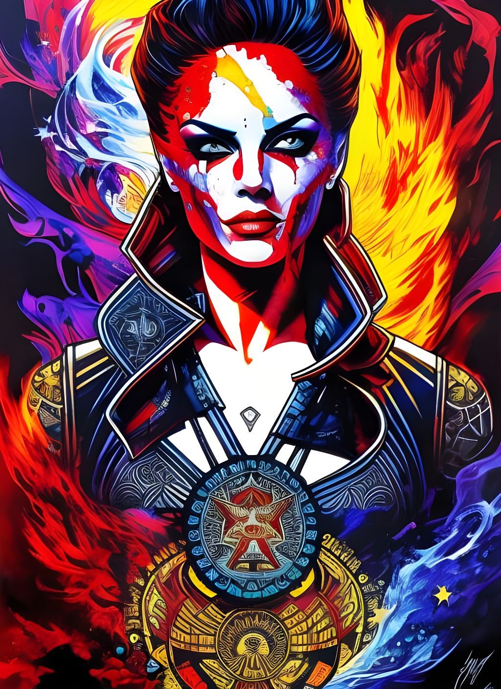 Explosive Fire Goddess Portrait in Maximalist Style