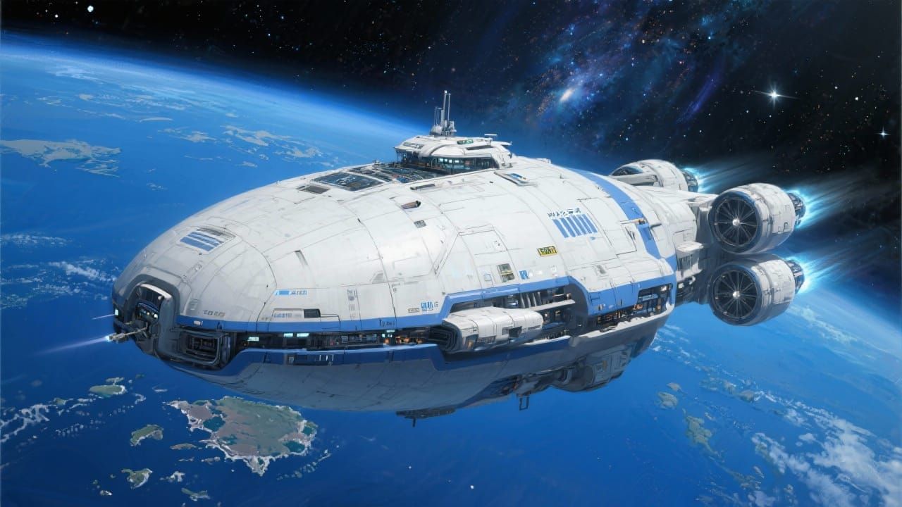 Futuristic Spaceship Near Blue Planet in Cosmic Style