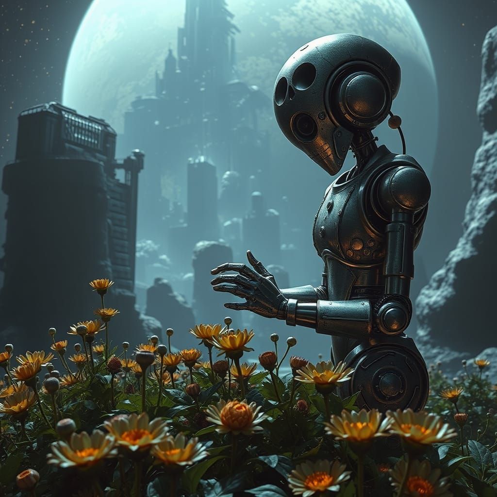 Ethereal Steampunk Landscape: Dwemer Automaton Tends Alien F...