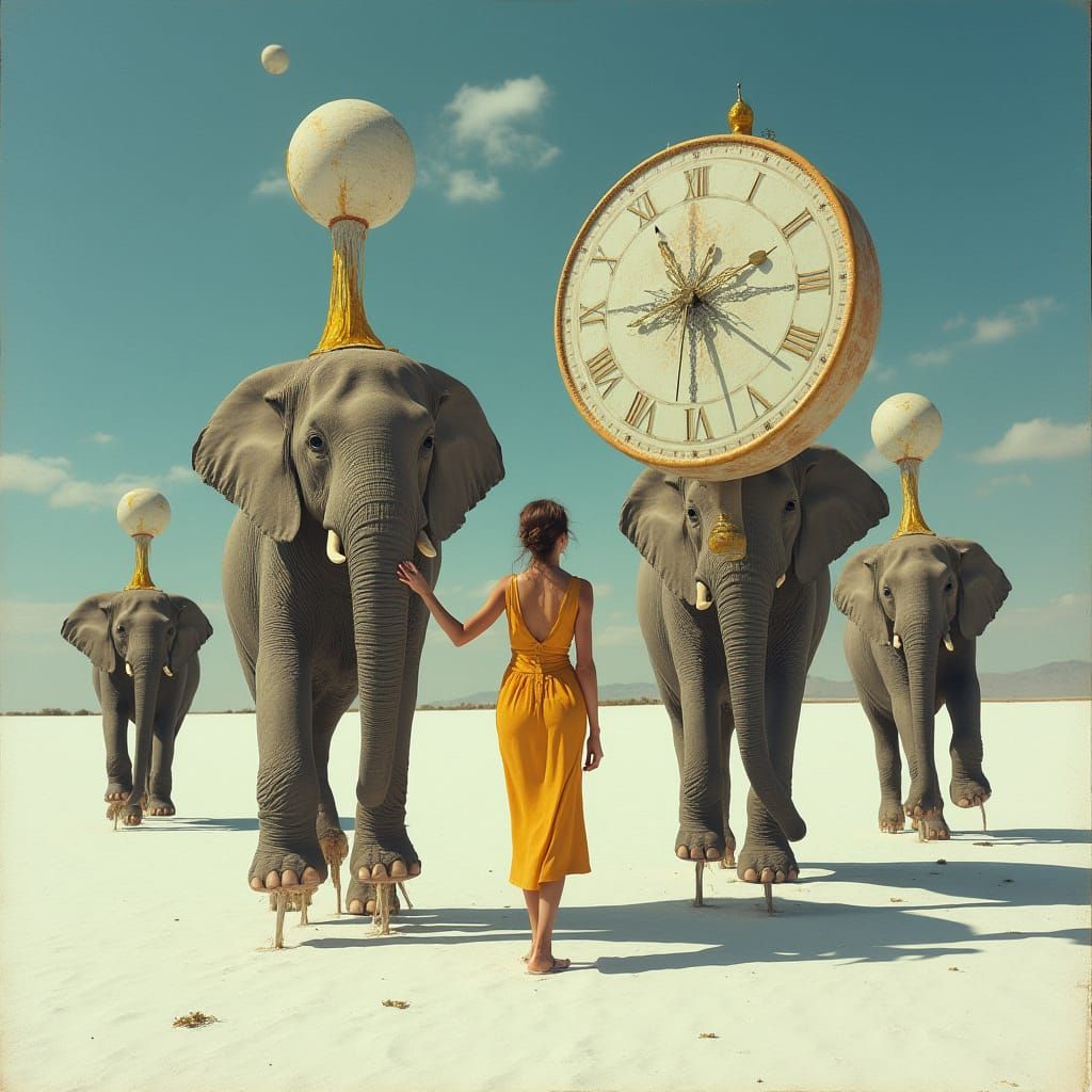 Surreal Melting Clocks and Stilts Elephants in White Desert