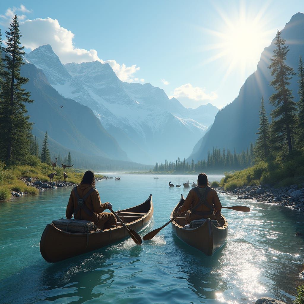 Men in Canoes on River with Mountains and Wildlife