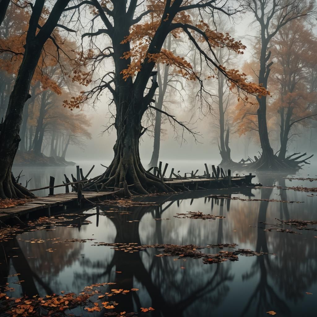 Eerie Autumn Jetty in Dark Fantasy Landscape