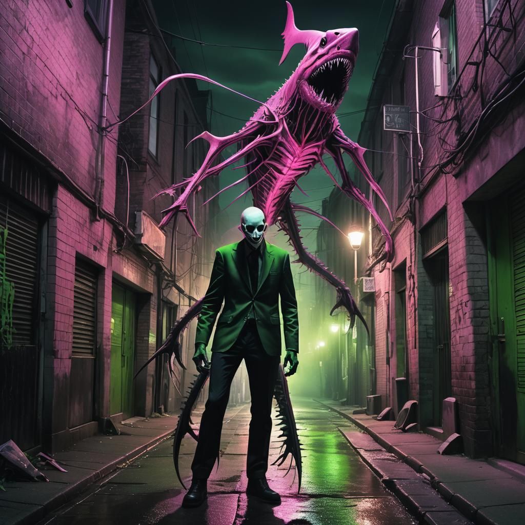 A scary creepy gothic slender man with shark teeth and shark...