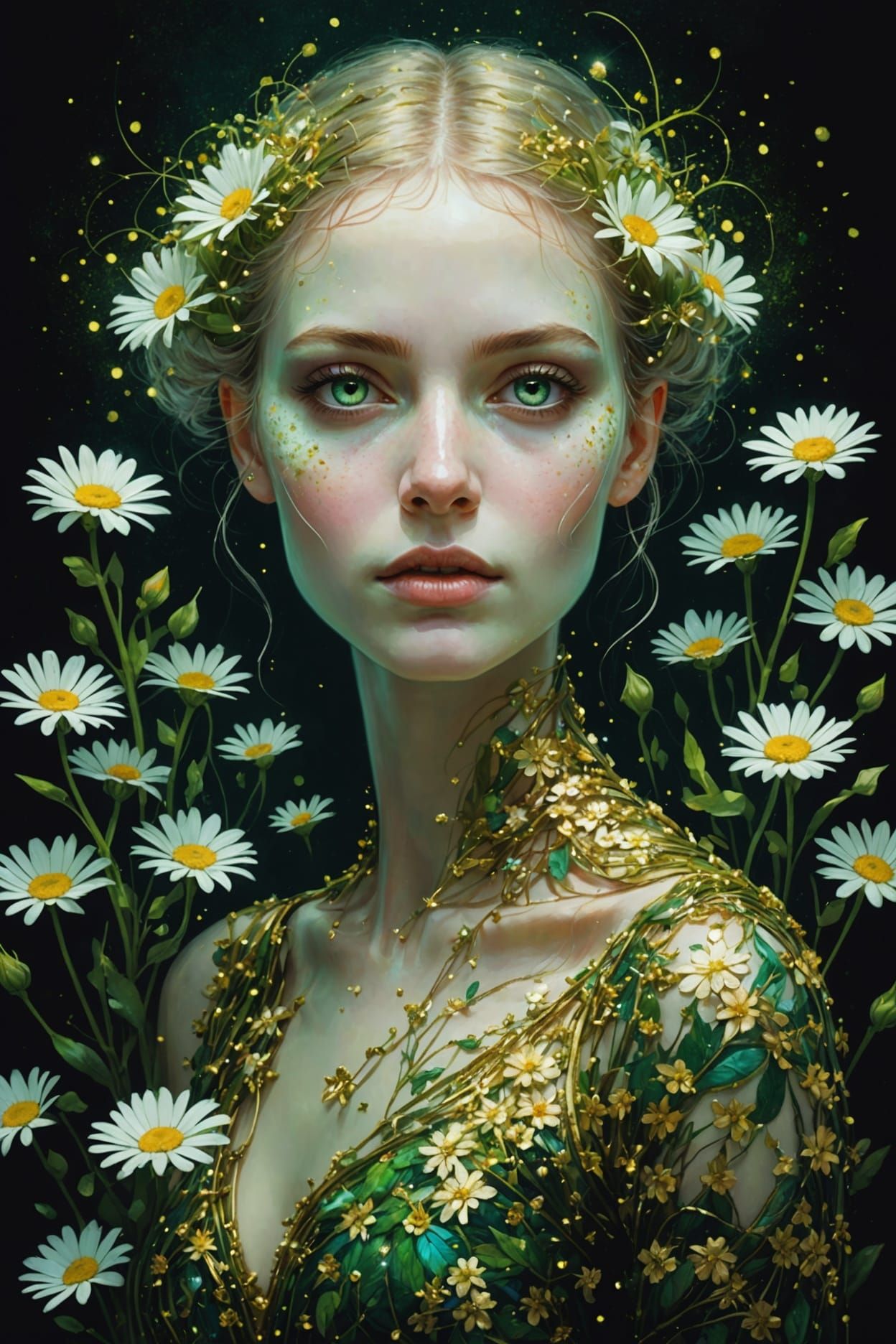 Ethereal Girl with Daisies, Bioluminescent Fantasy