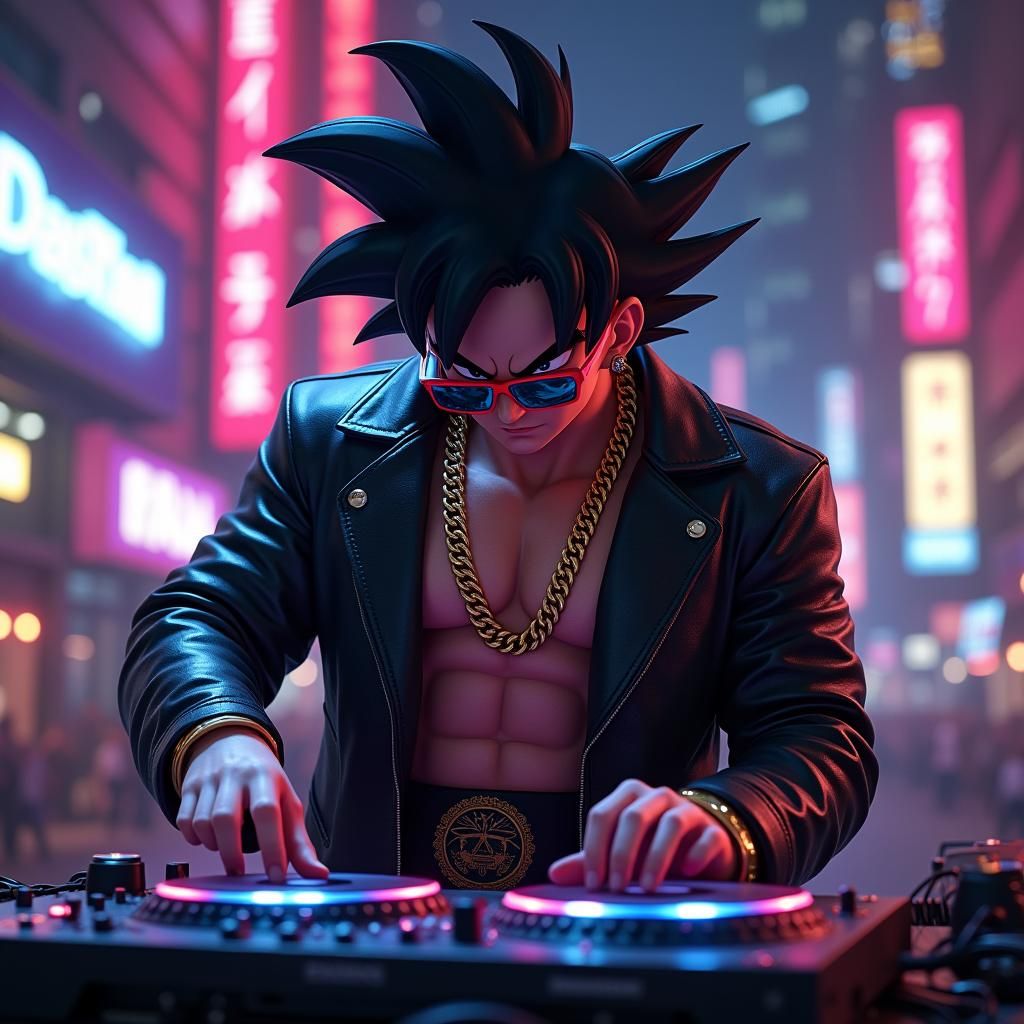 Goku as Gangster DJ in Cyberpunk Nightclub